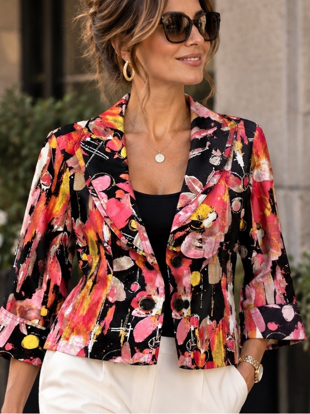 Erin London Abstract Floral Print Cotton Stretch Blazer Jacket Size M